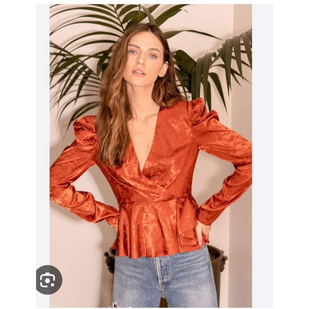 Saylor Easton Blouse Womens XS Orange Animal Print Wrap Peplum Puff Sleeve Top